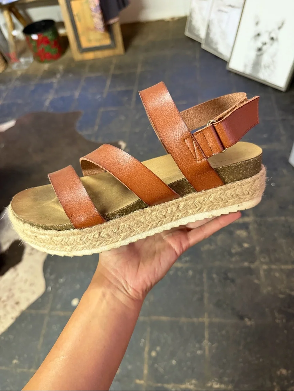 new directions Brown Leather Espadrille Platform Sandals